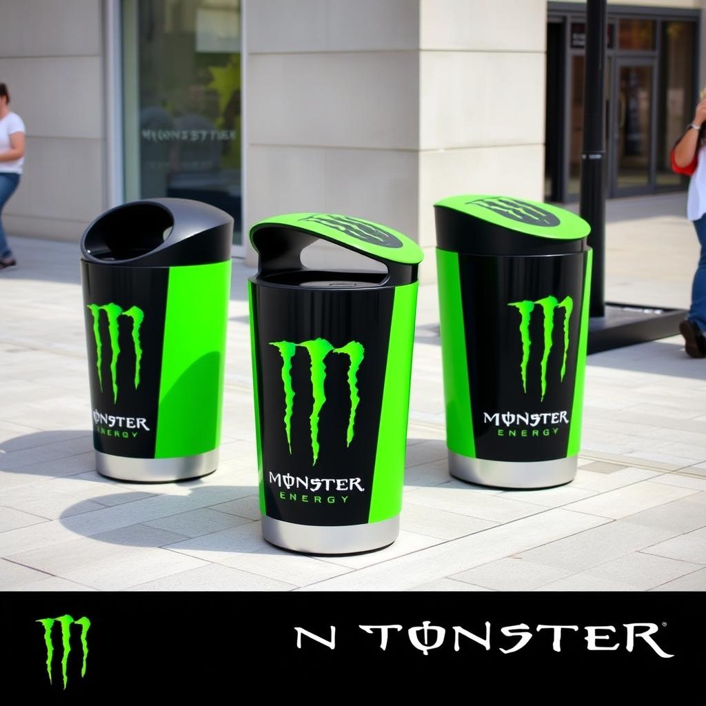 Public trash cans decorated with Monster Energy branding