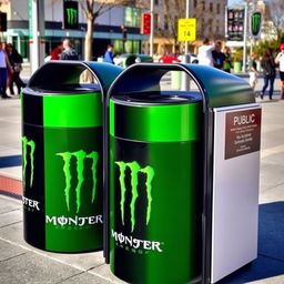 Public trash cans decorated with Monster Energy branding