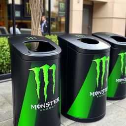 Public trash cans decorated with Monster Energy branding