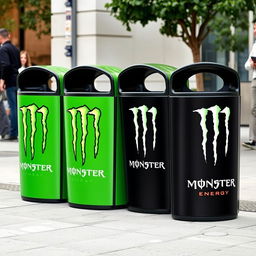 Public trash cans decorated with Monster Energy branding