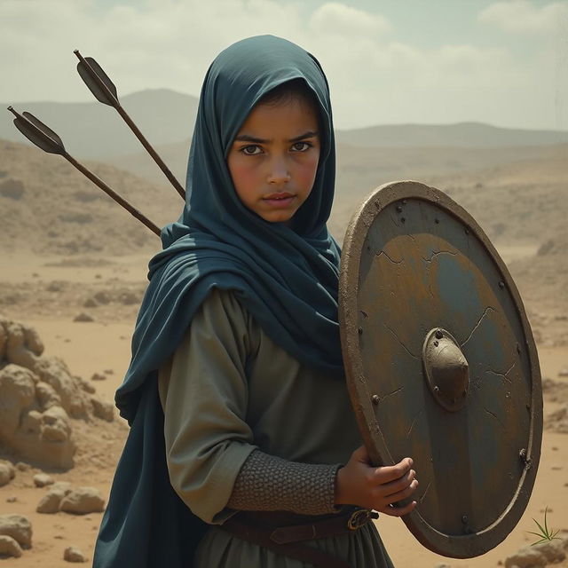 A realistic young girl in a hijab holding an old shield with arrows stuck in it, standing in a defensive stance with a determined expression