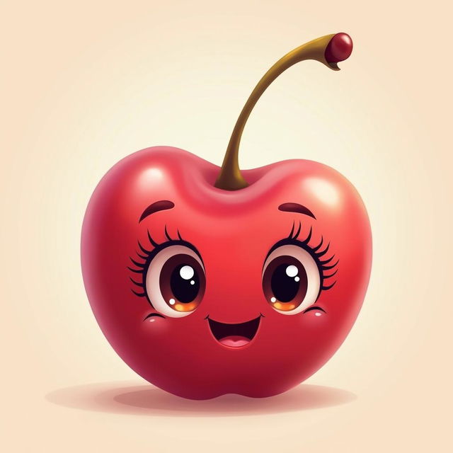 An image of a cherry with a cute face, large eyes with long eyelashes, and a small smiling mouth