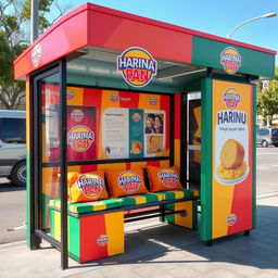 A bus stop decorated with the Harina PAN brand