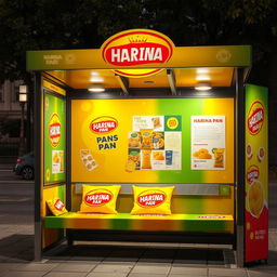 A bus stop decorated with the Harina PAN brand