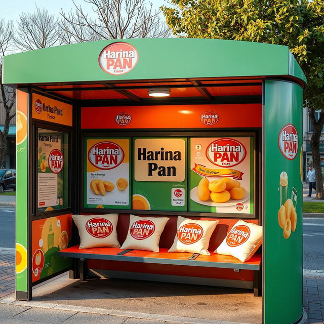 A bus stop decorated with the Harina PAN brand