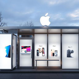 A bus stop decorated with Apple branding