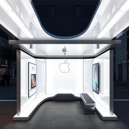 A bus stop decorated with Apple branding