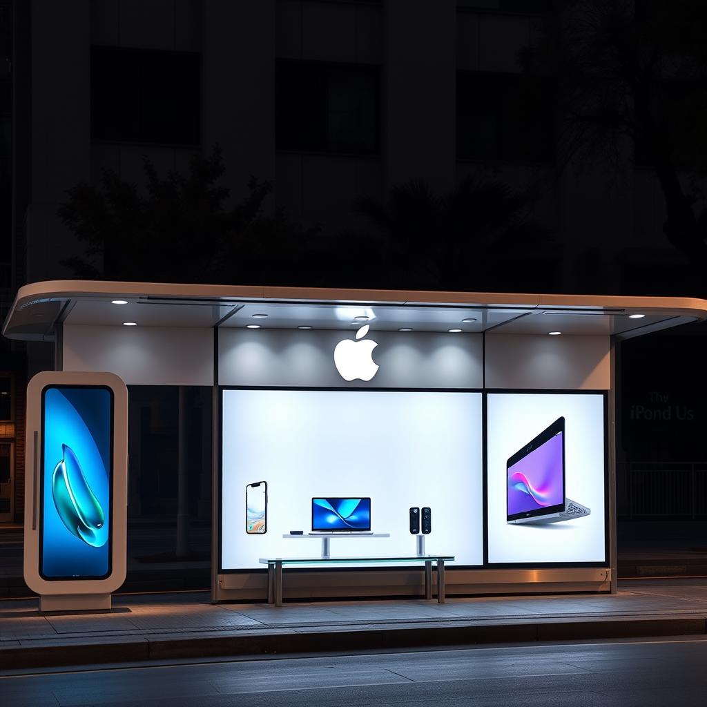 A bus stop decorated with Apple branding