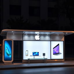 A bus stop decorated with Apple branding