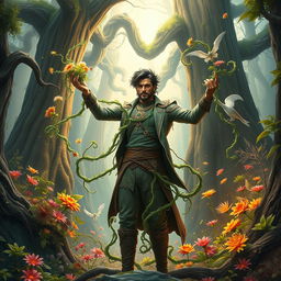 An epic fantasy book cover featuring a man with the extraordinary ability to control plants