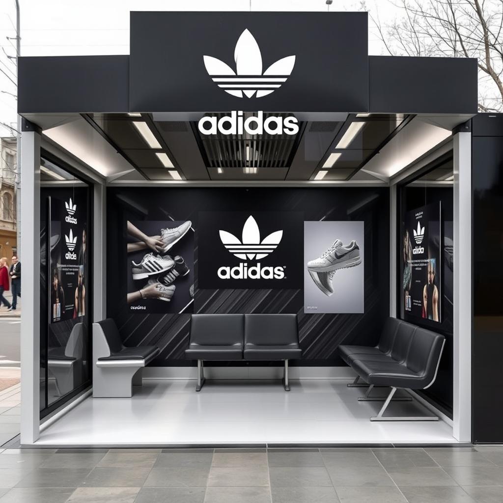 A bus stop decorated with the Adidas brand