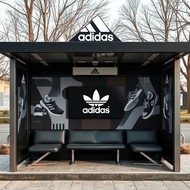 A bus stop decorated with the Adidas brand