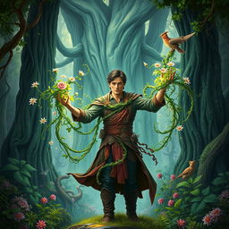 An epic fantasy book cover featuring a man with the extraordinary ability to control plants