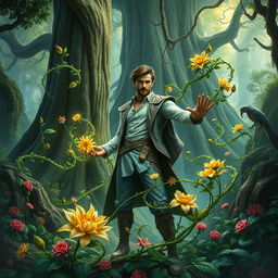 An epic fantasy book cover featuring a man with the extraordinary ability to control plants