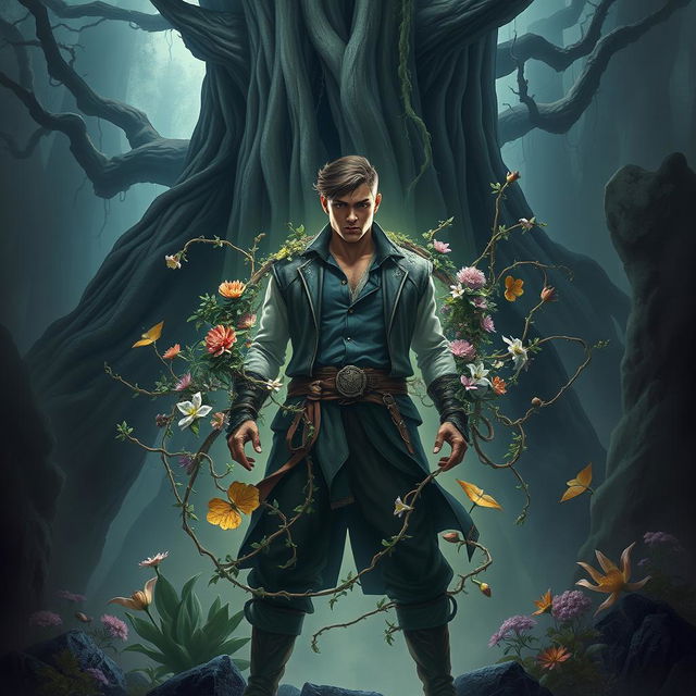 An epic fantasy book cover featuring a man with the extraordinary ability to control plants