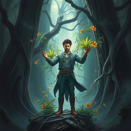 An epic fantasy book cover featuring a man with the extraordinary ability to control plants