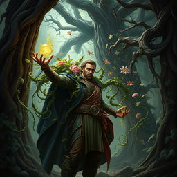 A realistic, epic fantasy book cover featuring a man with the extraordinary ability to control plants