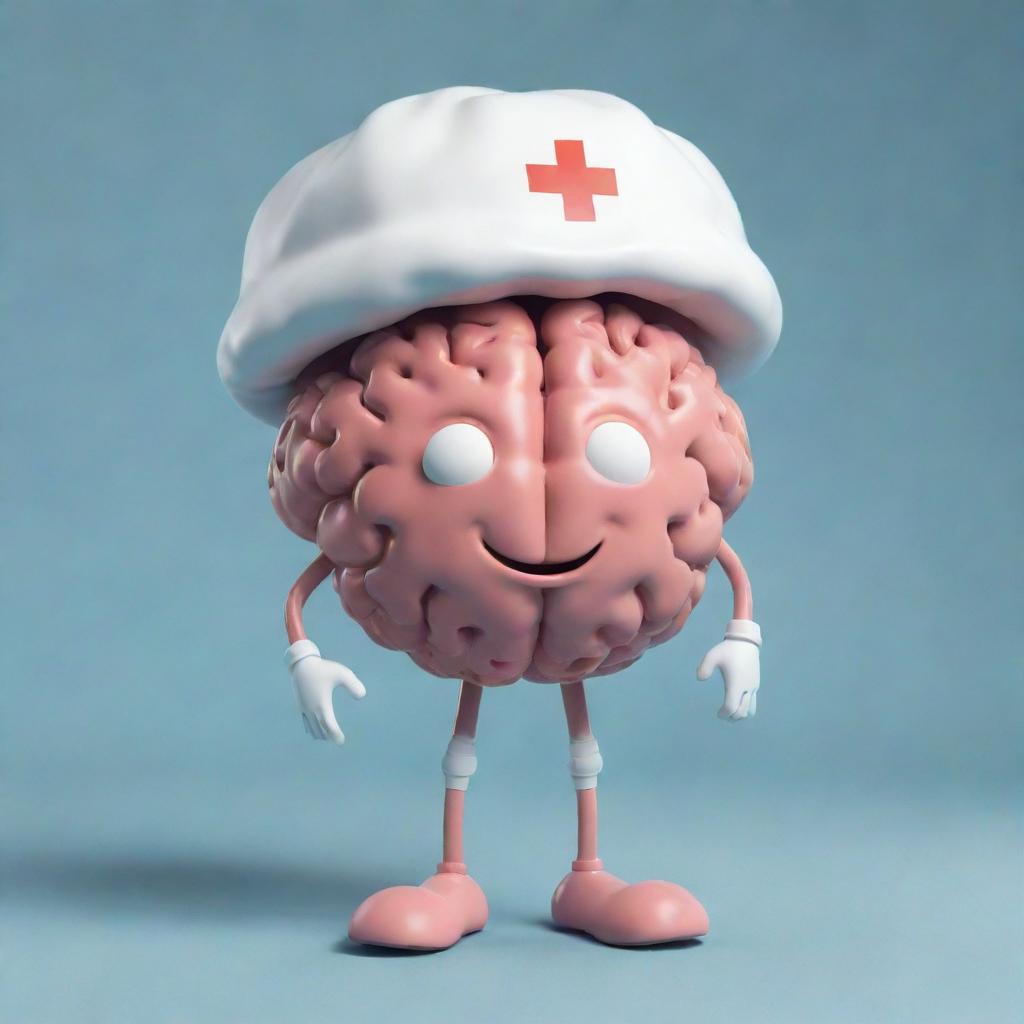 A whimsical image of a brain with human-like legs, adorned with a nurse's cap, expressing a wide, friendly smile.