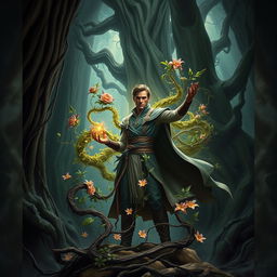 A realistic, epic fantasy book cover featuring a man with the extraordinary ability to control plants