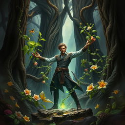 A realistic, epic fantasy book cover featuring a man with the extraordinary ability to control plants