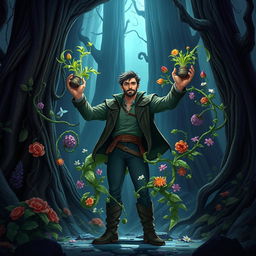 An animated-style epic fantasy book cover featuring a man with the extraordinary ability to control plants