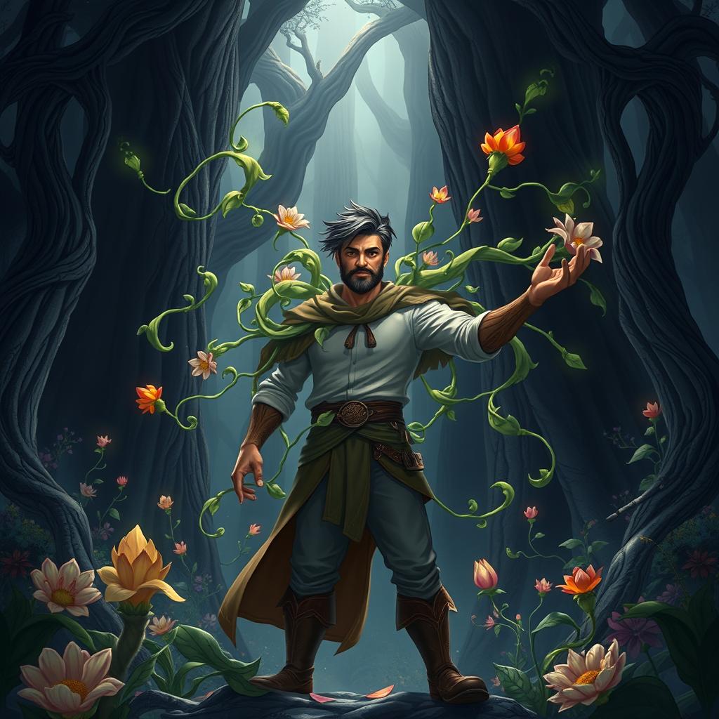 An animated-style epic fantasy book cover featuring a man with the extraordinary ability to control plants