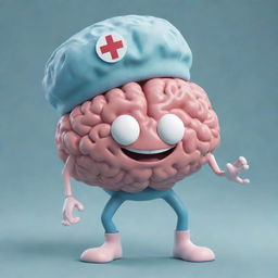 A whimsical image of a brain with human-like legs, adorned with a nurse's cap, expressing a wide, friendly smile.