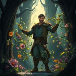 An animated-style epic fantasy book cover featuring a man with the extraordinary ability to control plants