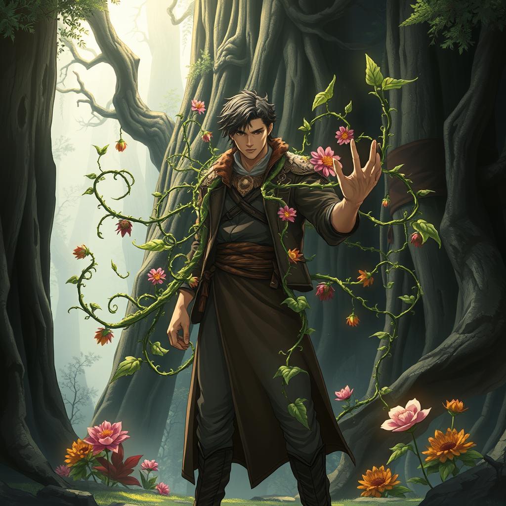 An anime-style epic fantasy book cover featuring a man with the extraordinary ability to control plants