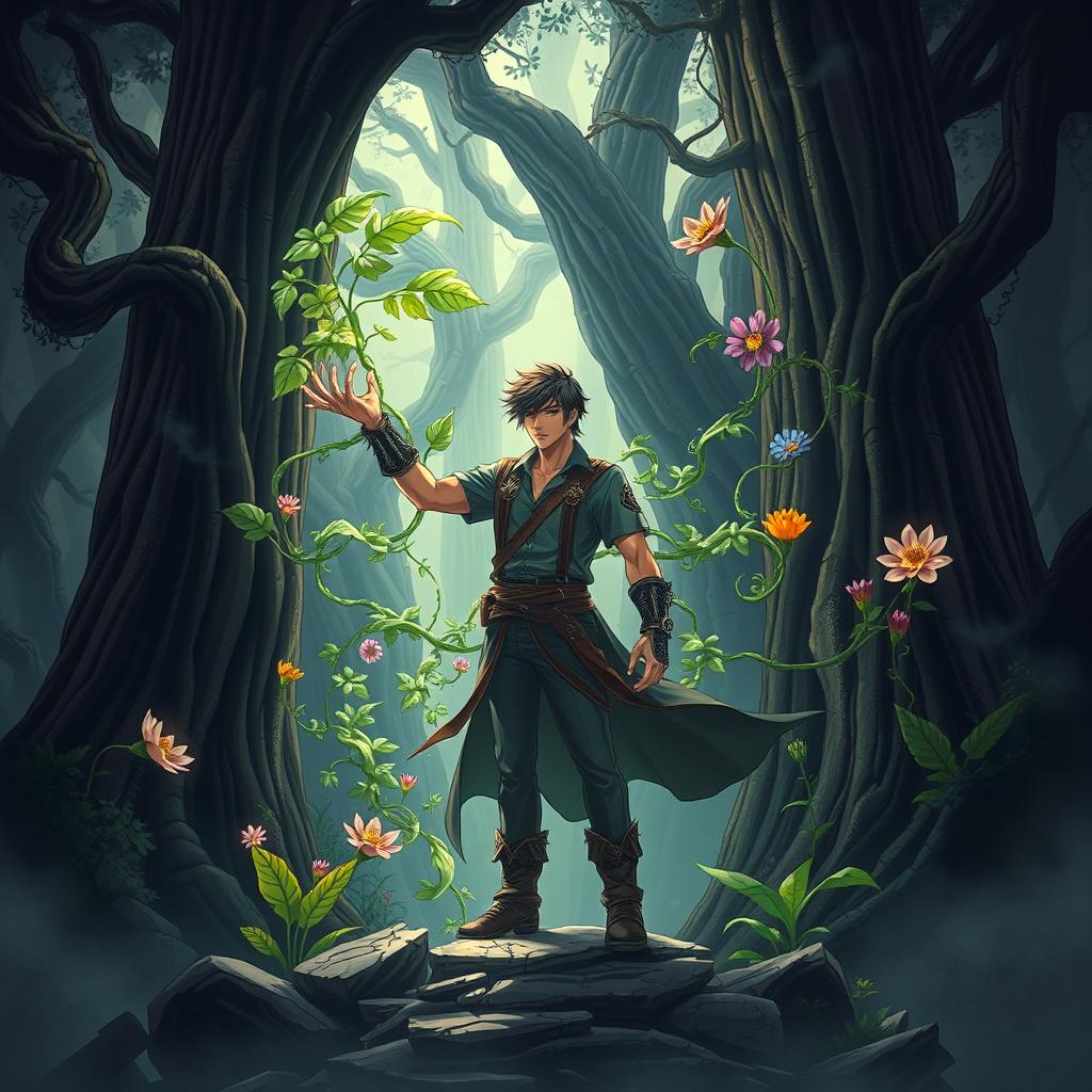 An anime-style epic fantasy book cover featuring a man with the extraordinary ability to control plants