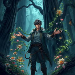 An anime-style epic fantasy book cover featuring a man with the extraordinary ability to control plants