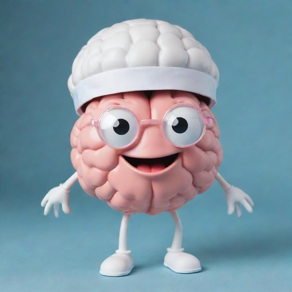 A charming image of a brain with anthropomorphic legs, donning smart glasses and a nurse's cap, radiating a cheerful smile.