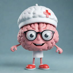 A charming image of a brain with anthropomorphic legs, donning smart glasses and a nurse's cap, radiating a cheerful smile.