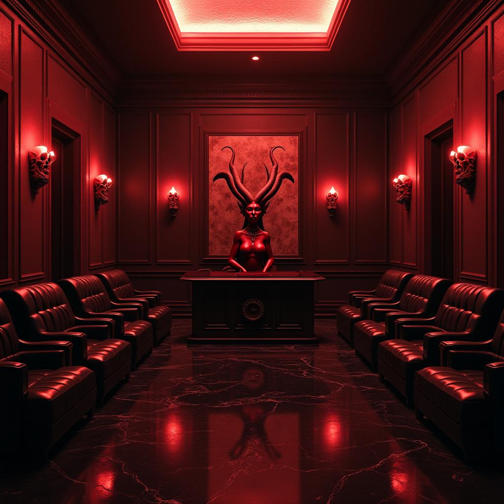 A spacious waiting room in hell with a red and black color scheme, featuring a beautiful red demon as the secretary, demonic skulls, and evil art on the walls