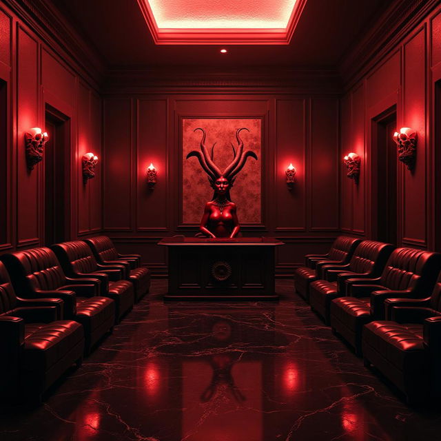 A spacious waiting room in hell with a red and black color scheme, featuring a beautiful red demon as the secretary, demonic skulls, and evil art on the walls