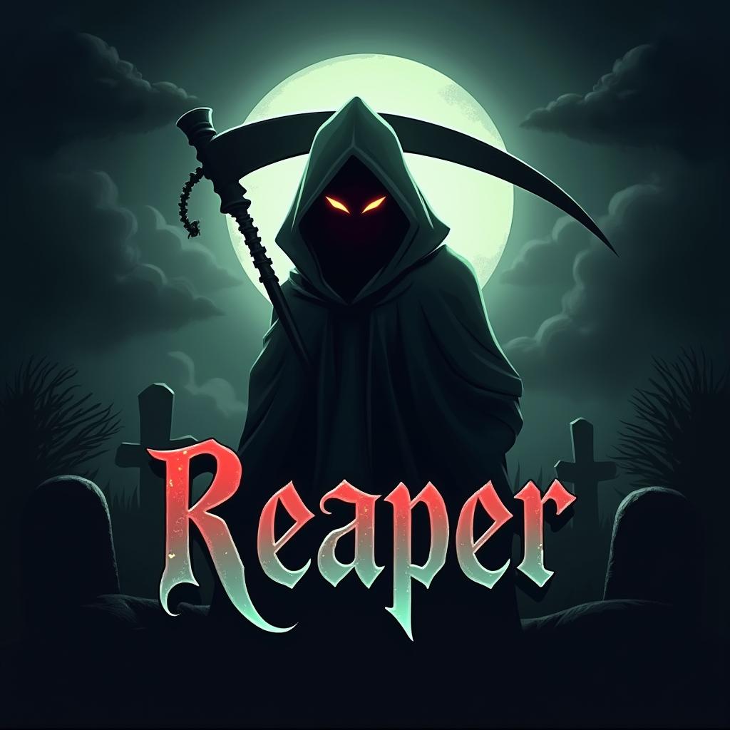 Create a dark and mysterious banner image for a Discord bot named 'Reaper', featuring a hooded reaper with a scythe, a shadowy environment, and gothic-style text