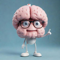 A charming image of a brain with anthropomorphic legs, donning smart glasses and a nurse's cap, radiating a cheerful smile.