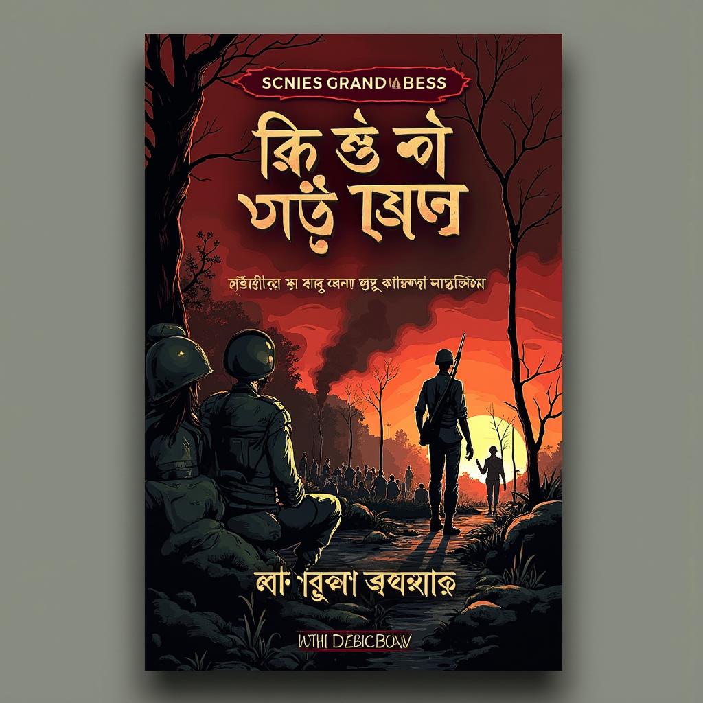 Design a book cover for '১৯৭১ সালের ভারতীয় সেনাবাহিনীর বিতর্কিত দিক: লুটপাট' with a dark background, imagery of looting by Indian soldiers, bold and clear title, readable description, and author's name in smaller font