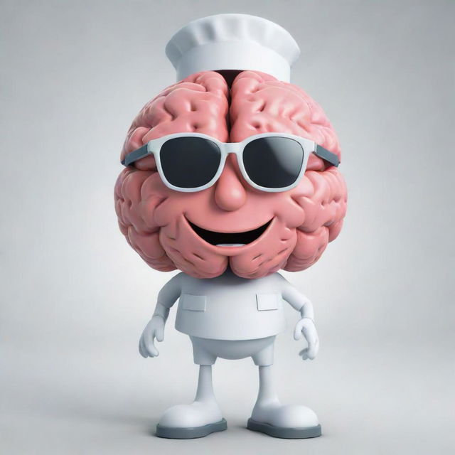 A charming image of a brain with anthropomorphic legs, donning smart glasses and a nurse's cap, radiating a cheerful smile.