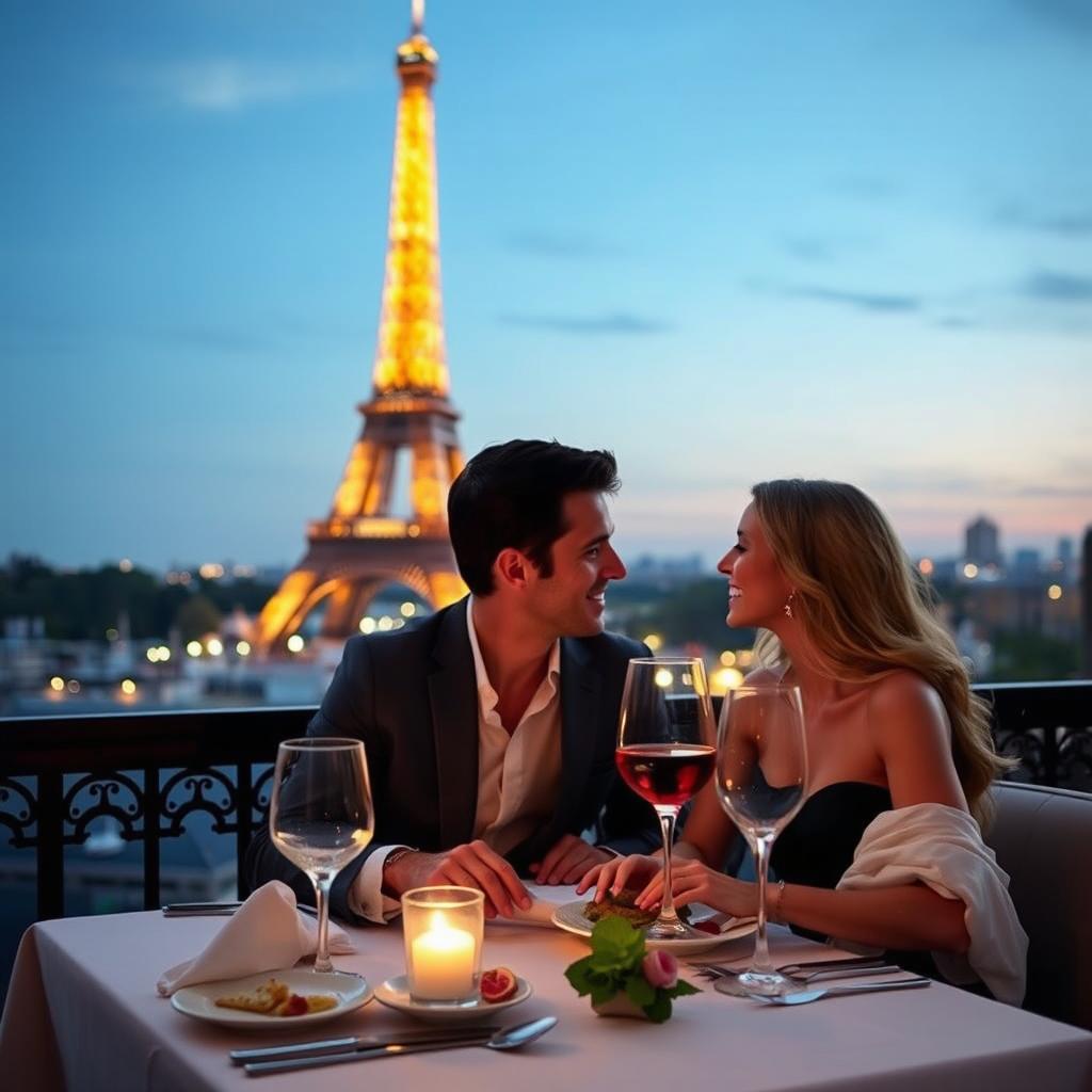 A beautiful couple dining at a restaurant with a stunning view of the Eiffel Tower