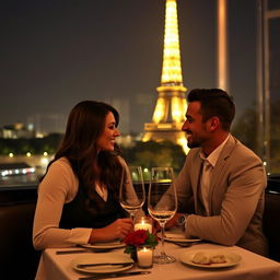 A beautiful couple dining at a restaurant with a stunning view of the Eiffel Tower