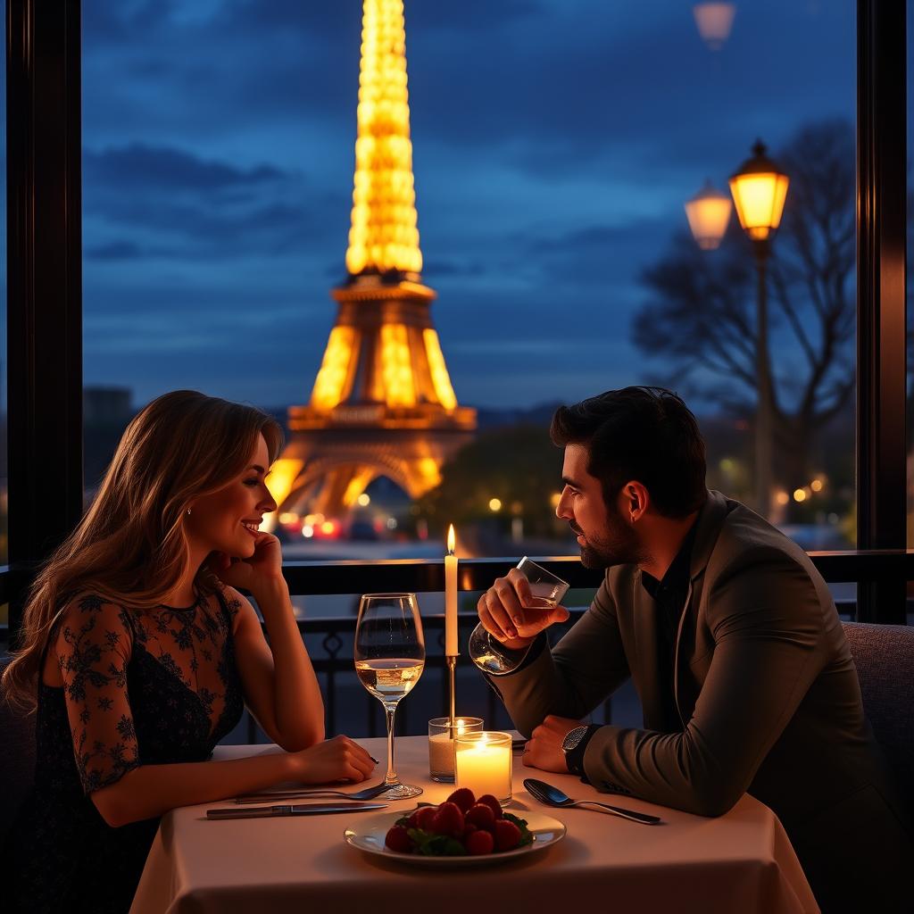 A beautiful couple dining at a restaurant with a stunning view of the Eiffel Tower