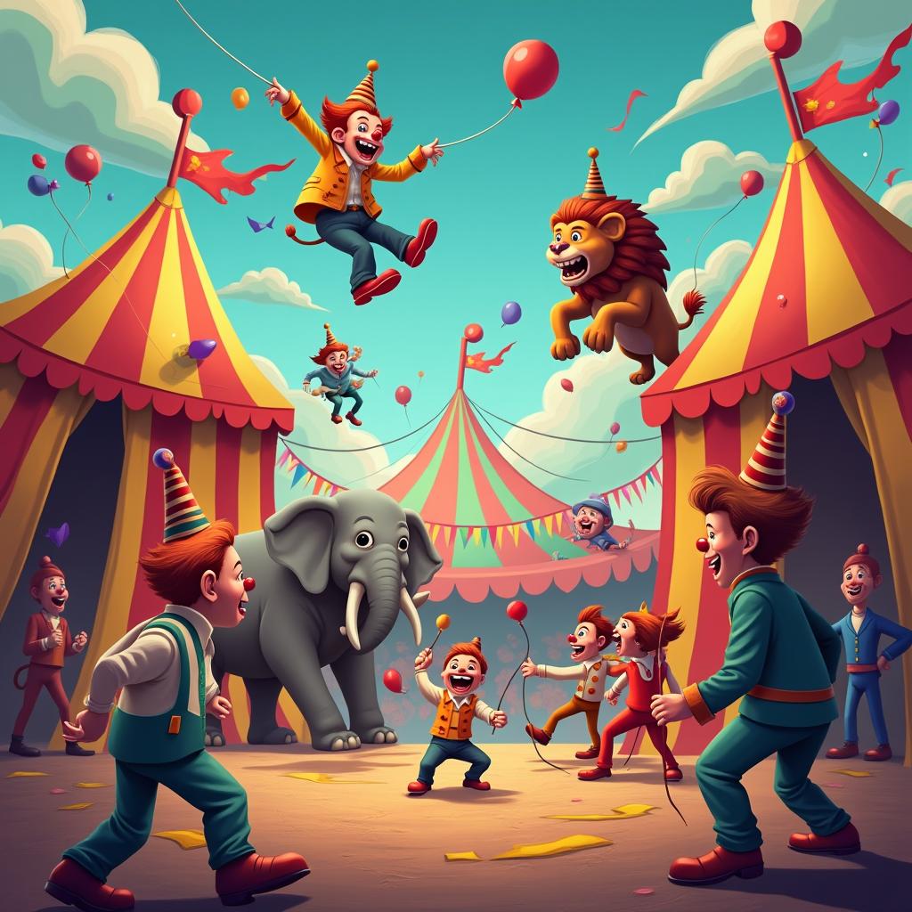 A vibrant digital art piece of a mad circus with clowns, acrobats, animals, and a colorful tent