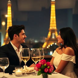 A beautiful couple, a dark-haired young man and a woman with black hair, dining at a restaurant with a view of the Eiffel Tower