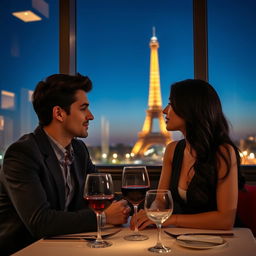 A beautiful couple, a dark-haired young man and a woman with black hair, dining at a restaurant with a view of the Eiffel Tower