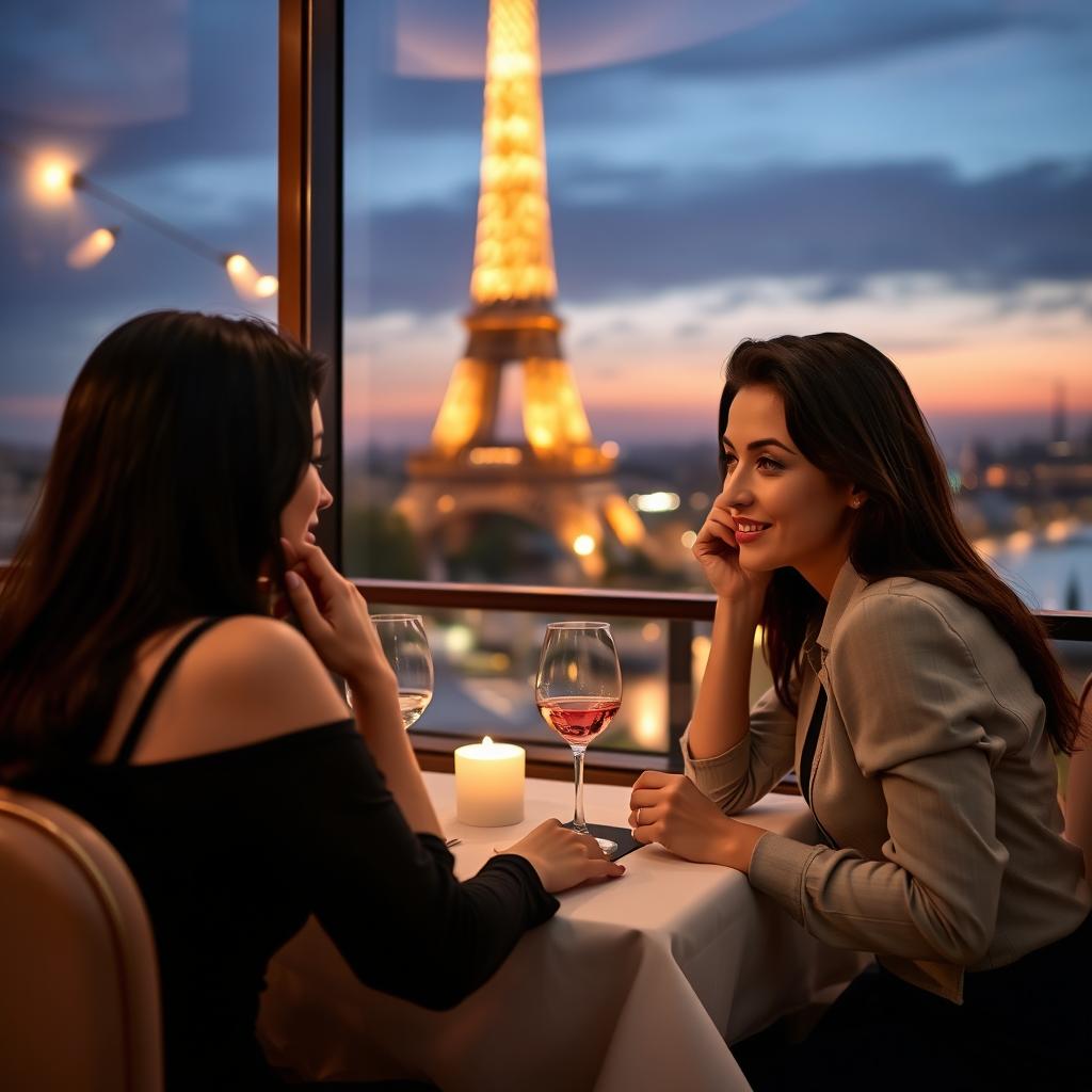 A beautiful couple, a dark-haired young man and a woman with black hair, dining at a restaurant with a view of the Eiffel Tower