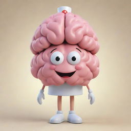 An amusing, stylish image of a feminine brain character, complete with legs, wearing a nurse's cap, projecting a warm, inviting smile.