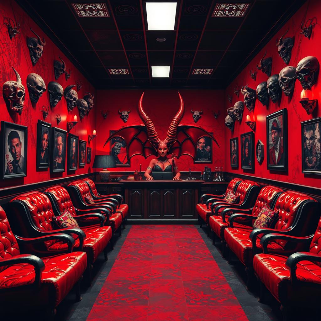 A spacious, relaxed waiting room in hell, decorated in red and black