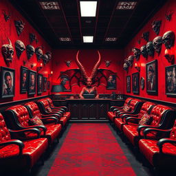 A spacious, relaxed waiting room in hell, decorated in red and black