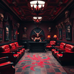 A spacious, relaxed waiting room in hell, decorated in red and black